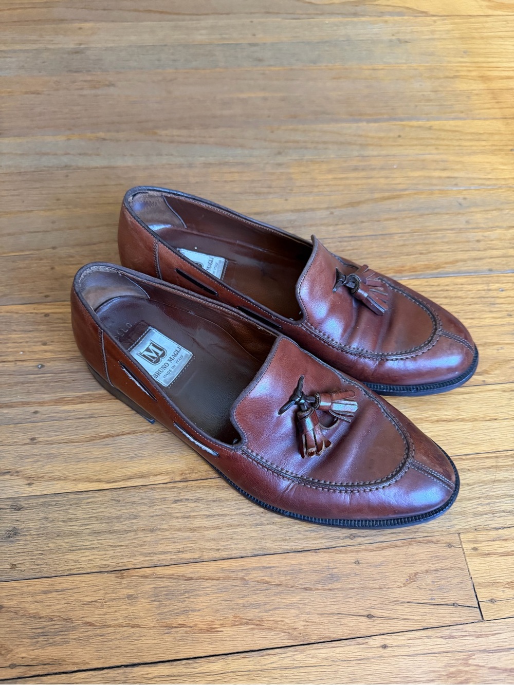 Bruno Magli Rollo Brown Leather Tassel Loafers Made in Italy Mens Shoes